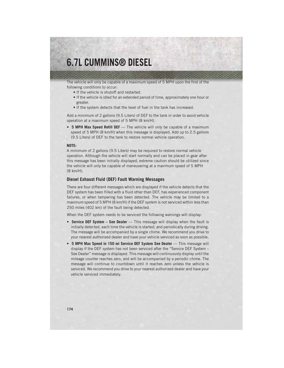 Diesel exhaust fluid (def) fault warning messages, 7l cummins® diesel | Ram Trucks 2014 3500 - User Guide User Manual | Page 176 / 260