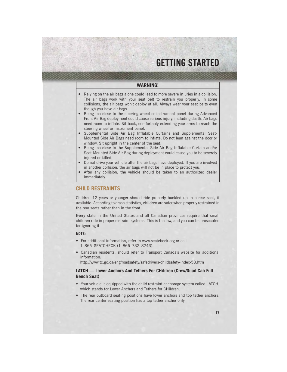 Child restraints, Getting started | Ram Trucks 2014 3500 - User Guide User Manual | Page 19 / 260