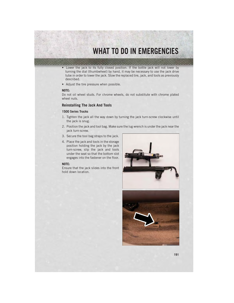 Reinstalling the jack and tools, What to do in emergencies | Ram Trucks 2014 3500 - User Guide User Manual | Page 193 / 260