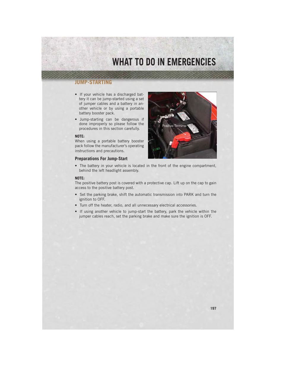 Jump-starting, Preparations for jump-start, What to do in emergencies | Ram Trucks 2014 3500 - User Guide User Manual | Page 199 / 260