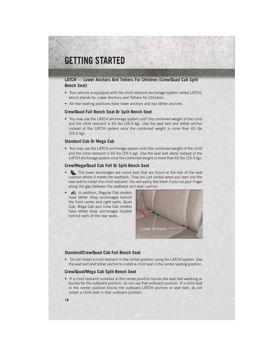 Crew/quad full bench seat or split bench seat, Standard cab or mega cab, Crew/mega/quad cab full or split bench seat | Standard/crew/quad cab full bench seat, Crew/quad/mega cab split bench seat, Getting started | Ram Trucks 2014 3500 - User Guide User Manual | Page 20 / 260