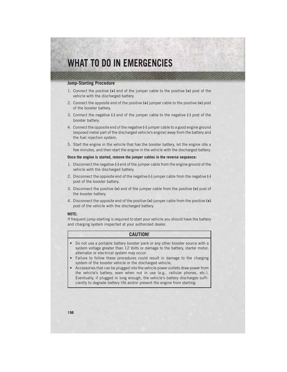 Jump-starting procedure, What to do in emergencies | Ram Trucks 2014 3500 - User Guide User Manual | Page 200 / 260