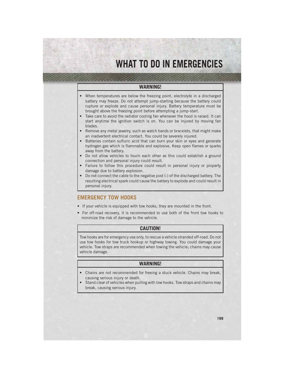 Emergency tow hooks, What to do in emergencies | Ram Trucks 2014 3500 - User Guide User Manual | Page 201 / 260