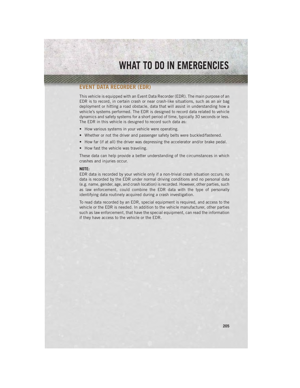 Event data recorder (edr), What to do in emergencies | Ram Trucks 2014 3500 - User Guide User Manual | Page 207 / 260