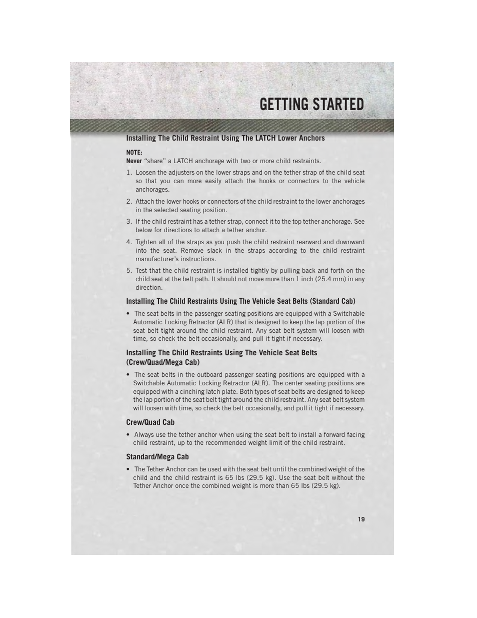 Crew/quad cab, Standard/mega cab, Getting started | Ram Trucks 2014 3500 - User Guide User Manual | Page 21 / 260