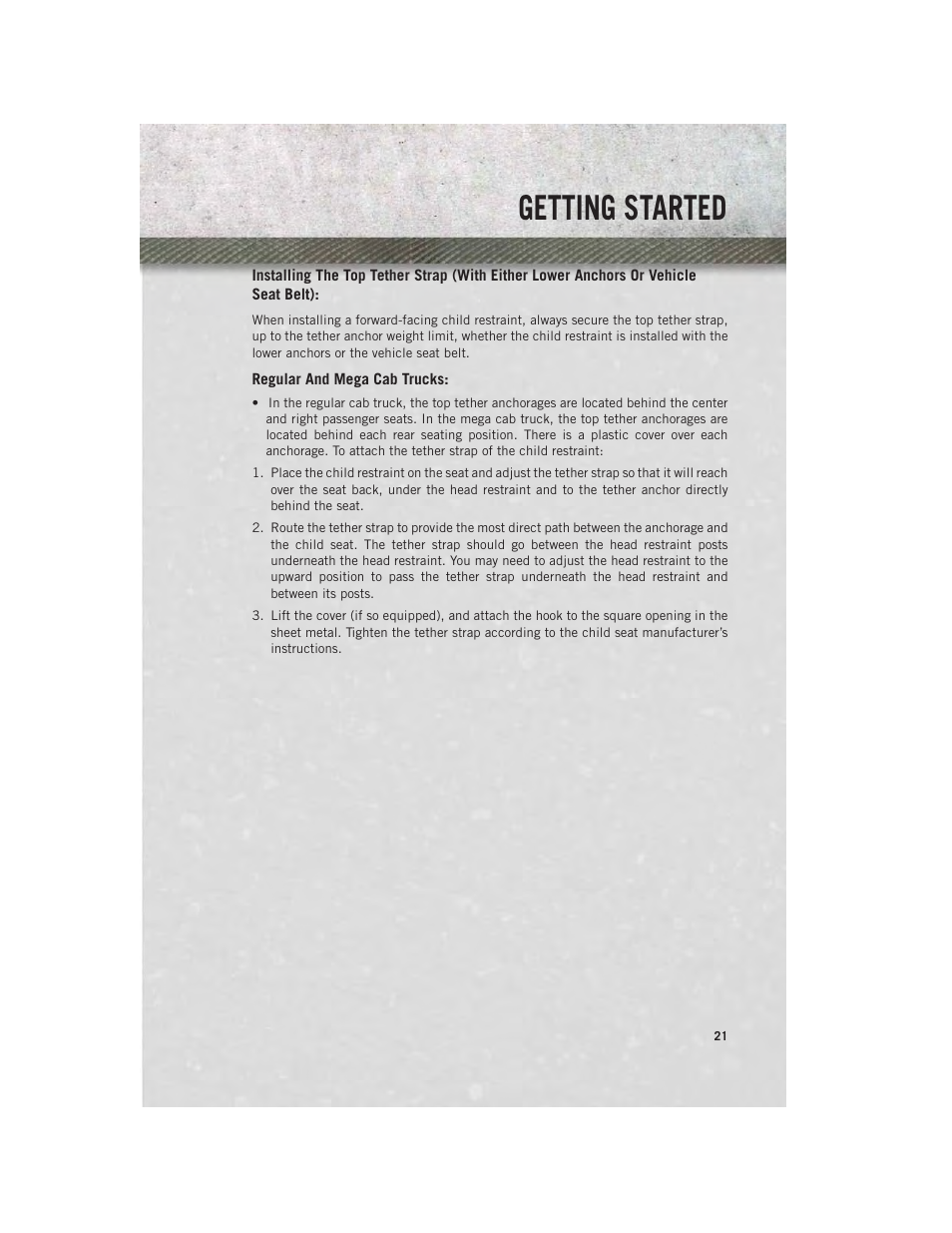 Regular and mega cab trucks, Getting started | Ram Trucks 2014 3500 - User Guide User Manual | Page 23 / 260