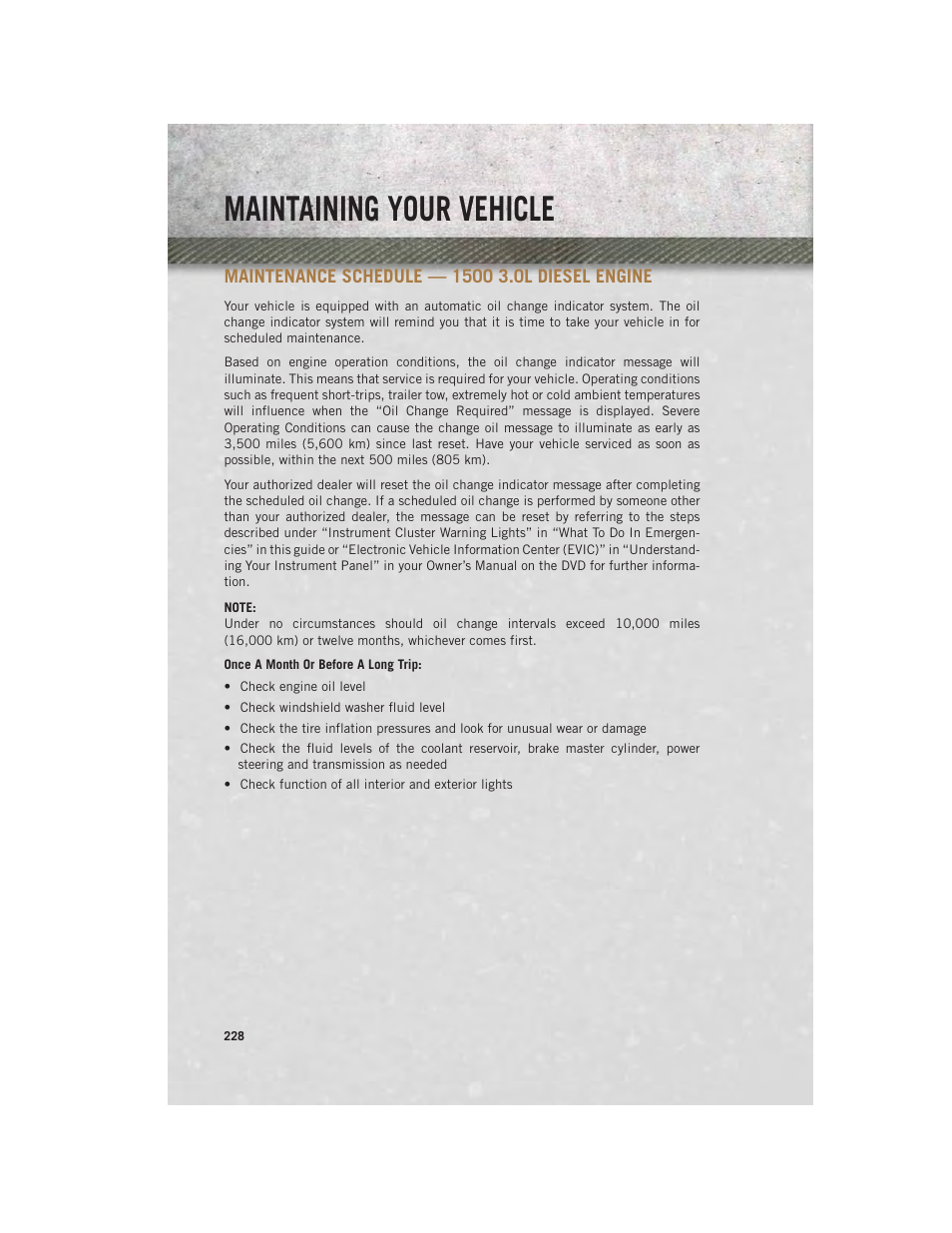 Maintenance schedule — 1500 3.0l diesel engine, Maintenance schedule, 1500 3.0l diesel engine | Maintaining your vehicle | Ram Trucks 2014 3500 - User Guide User Manual | Page 230 / 260