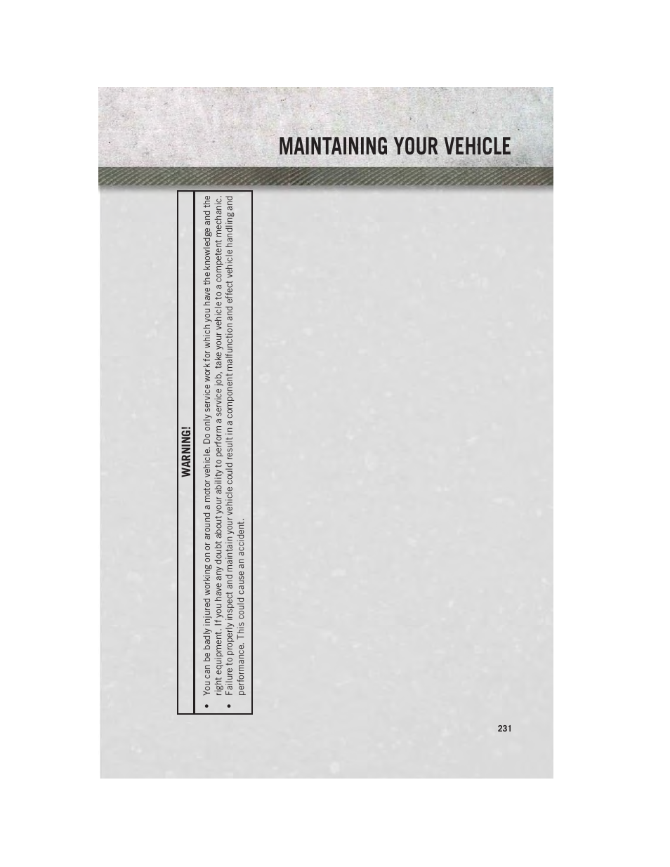 Maintaining your vehicle, Warning | Ram Trucks 2014 3500 - User Guide User Manual | Page 233 / 260