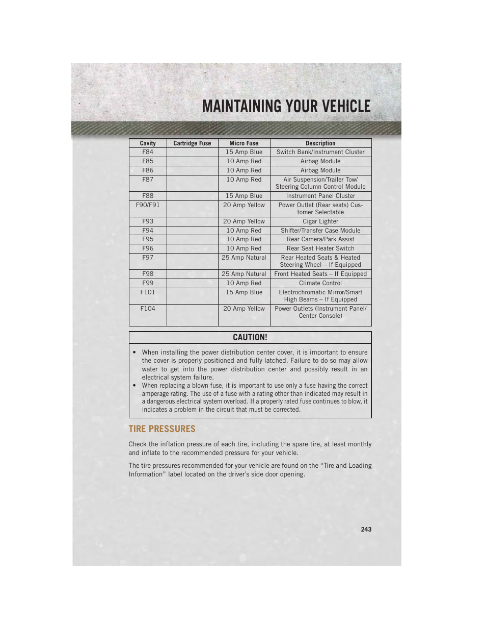 Tire pressures, Maintaining your vehicle, Caution | Ram Trucks 2014 3500 - User Guide User Manual | Page 245 / 260