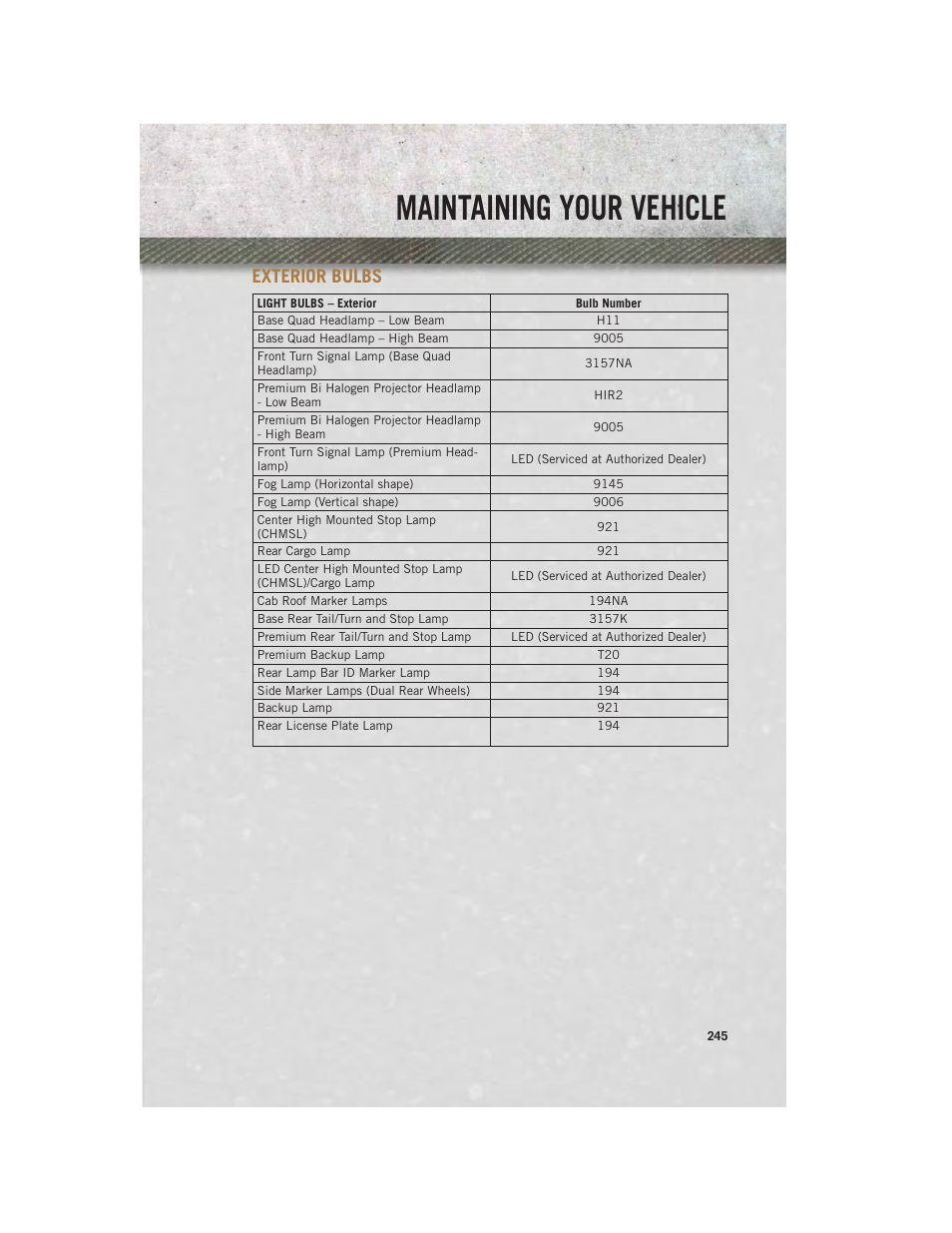 Exterior bulbs, Maintaining your vehicle | Ram Trucks 2014 3500 - User Guide User Manual | Page 247 / 260