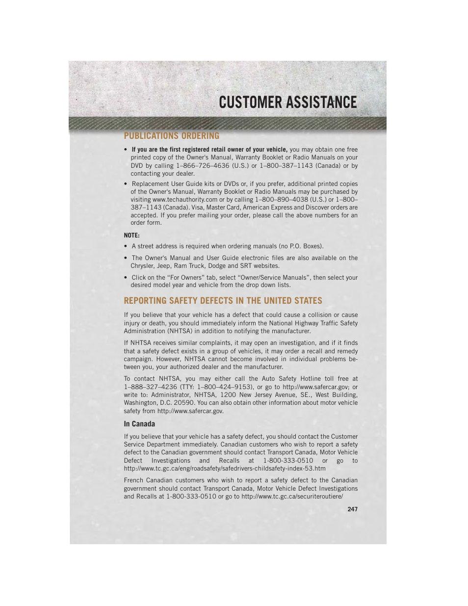 Publications ordering, Reporting safety defects in the united states, In canada | United states, Customer assistance | Ram Trucks 2014 3500 - User Guide User Manual | Page 249 / 260