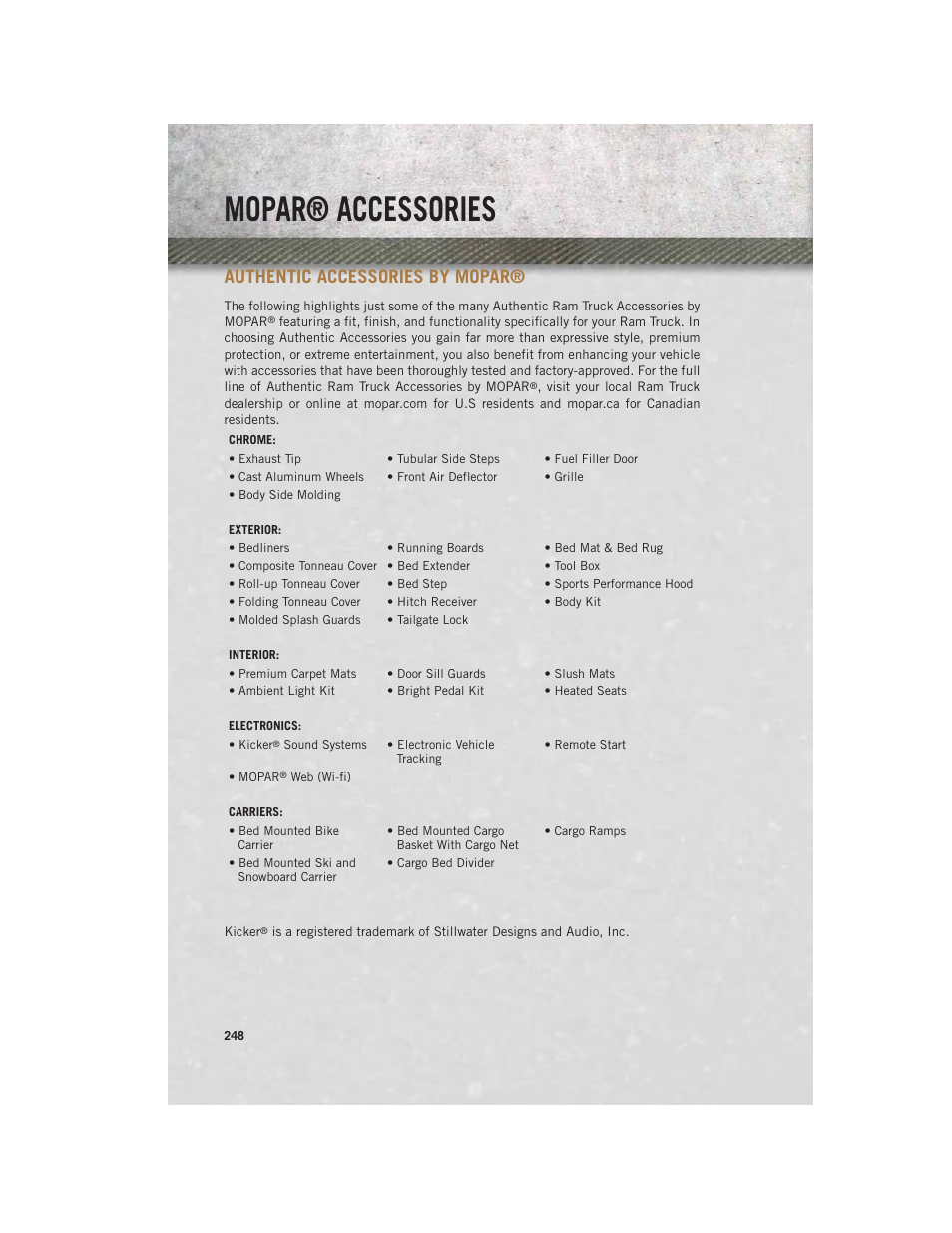 Mopar® accessories, Authentic accessories by mopar, Authentic accessories by | Mopar | Ram Trucks 2014 3500 - User Guide User Manual | Page 250 / 260