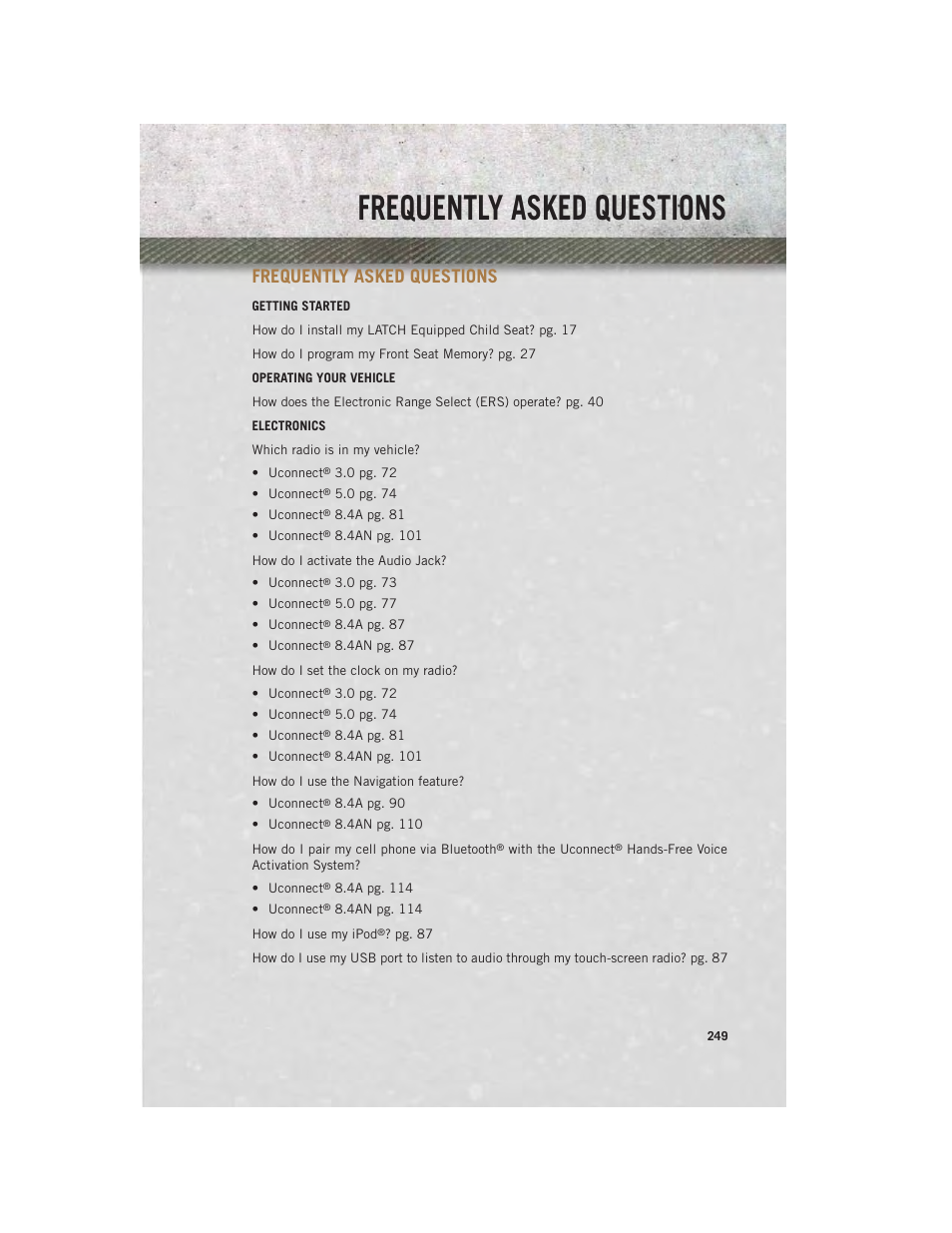 Frequently asked questions | Ram Trucks 2014 3500 - User Guide User Manual | Page 251 / 260