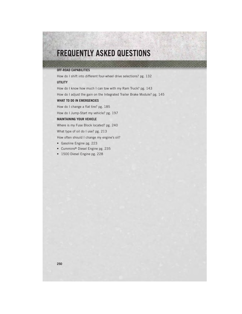 Frequently asked questions | Ram Trucks 2014 3500 - User Guide User Manual | Page 252 / 260