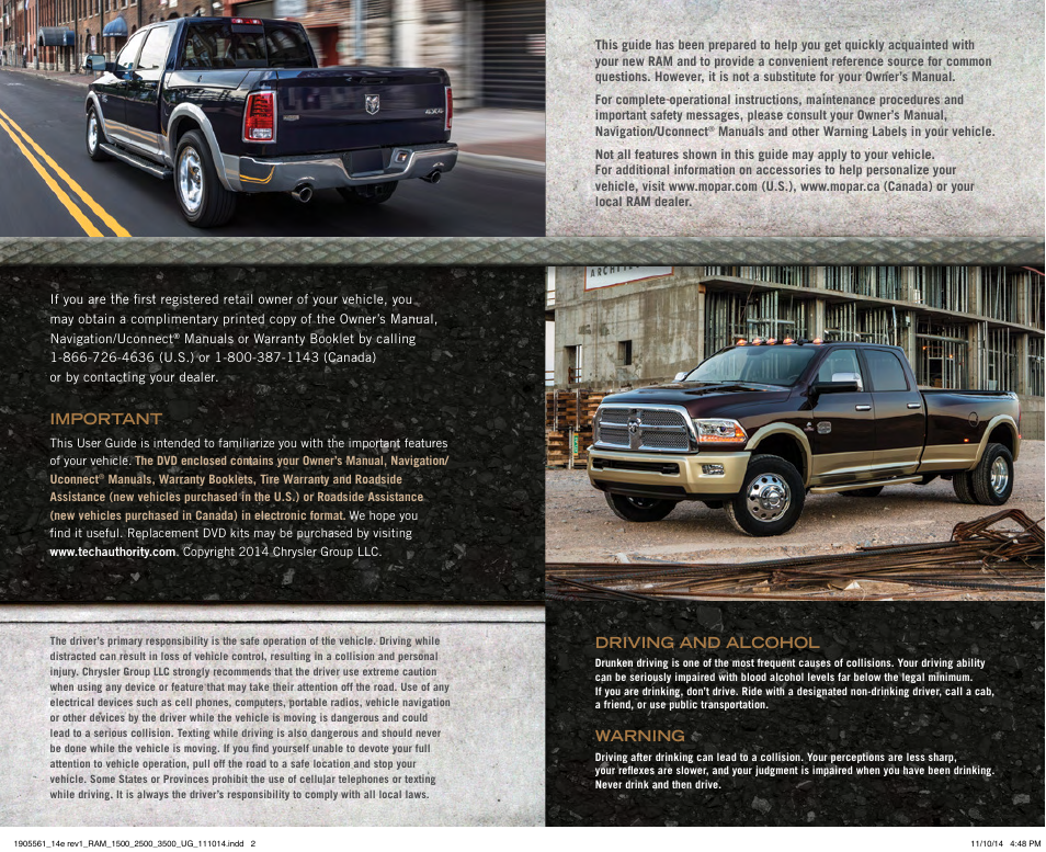 Important, Driving and alcohol, Warning | Ram Trucks 2014 3500 - User Guide User Manual | Page 259 / 260