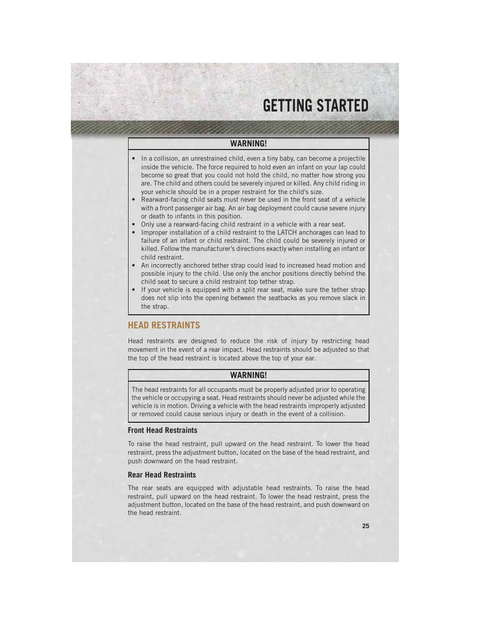 Head restraints, Front head restraints, Rear head restraints | Getting started | Ram Trucks 2014 3500 - User Guide User Manual | Page 27 / 260