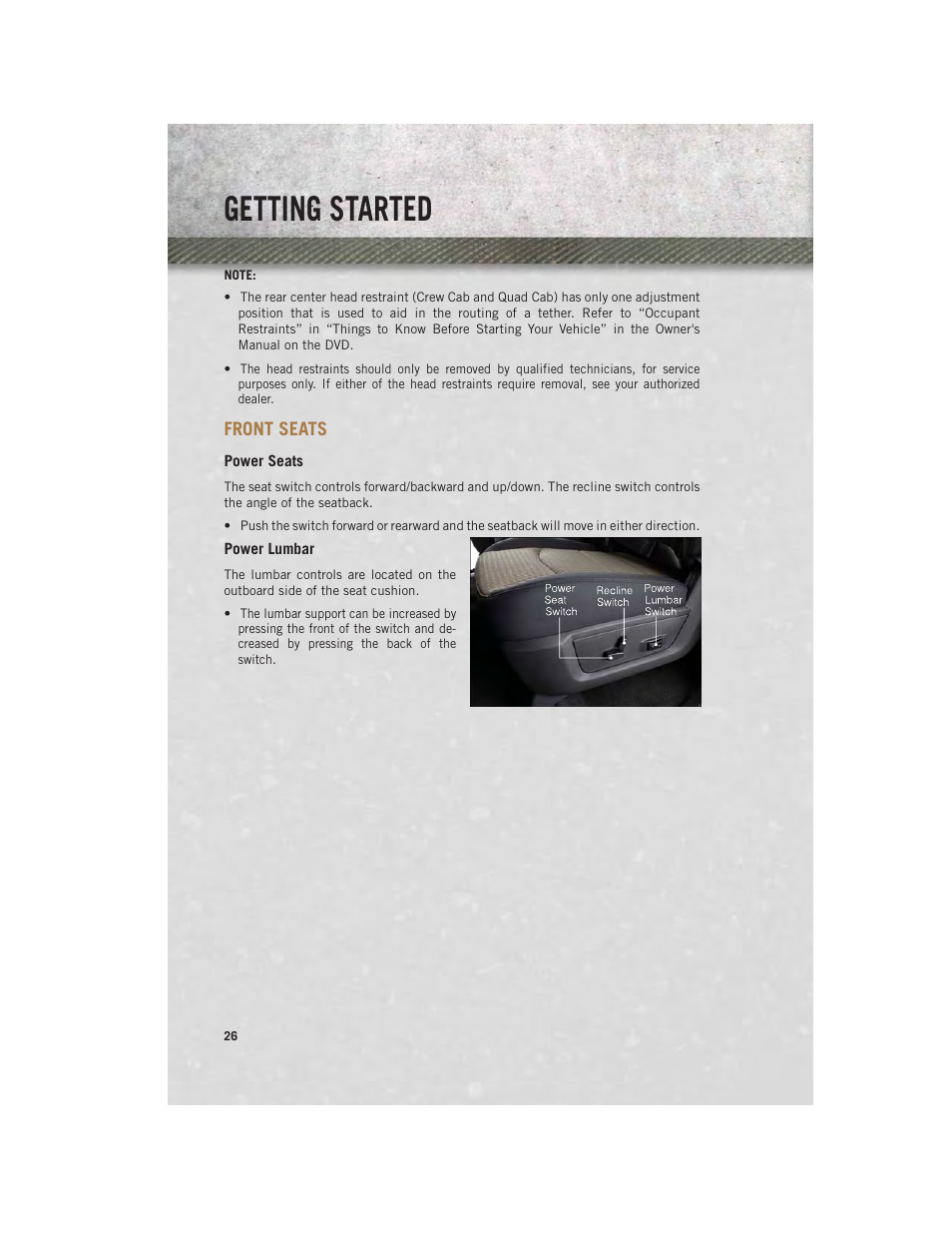 Front seats, Power seats, Power lumbar | Getting started | Ram Trucks 2014 3500 - User Guide User Manual | Page 28 / 260