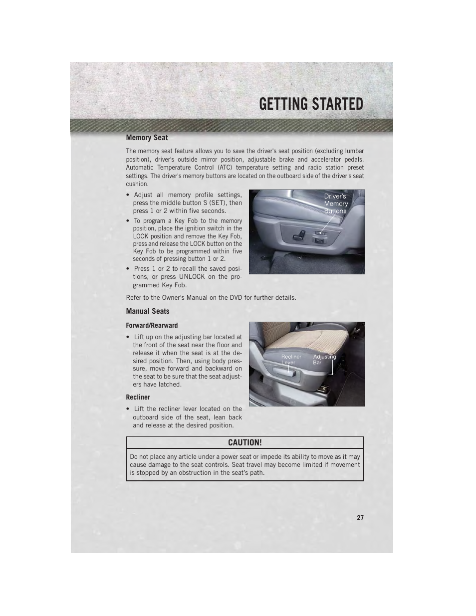 Memory seat, Manual seats, Getting started | Ram Trucks 2014 3500 - User Guide User Manual | Page 29 / 260
