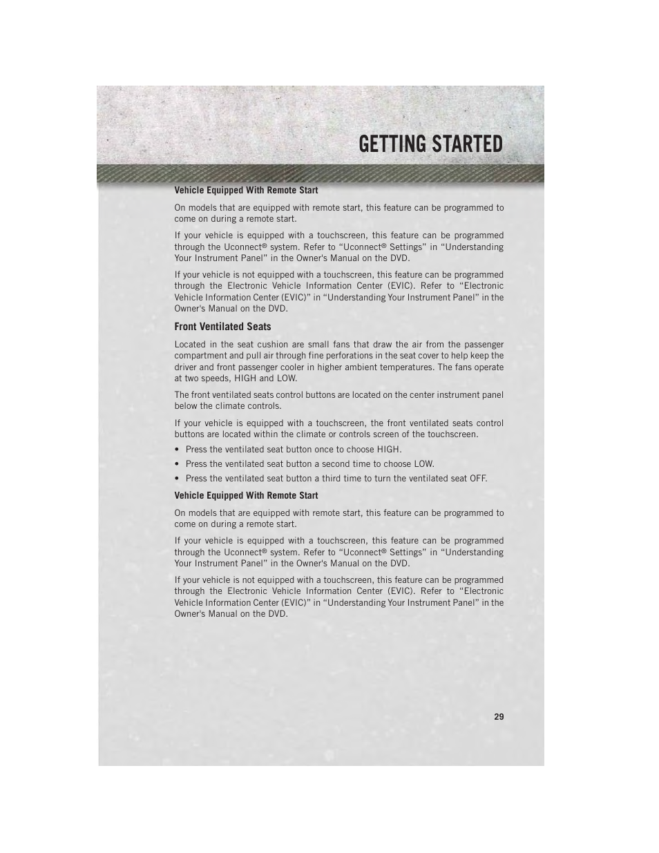 Front ventilated seats, Getting started | Ram Trucks 2014 3500 - User Guide User Manual | Page 31 / 260