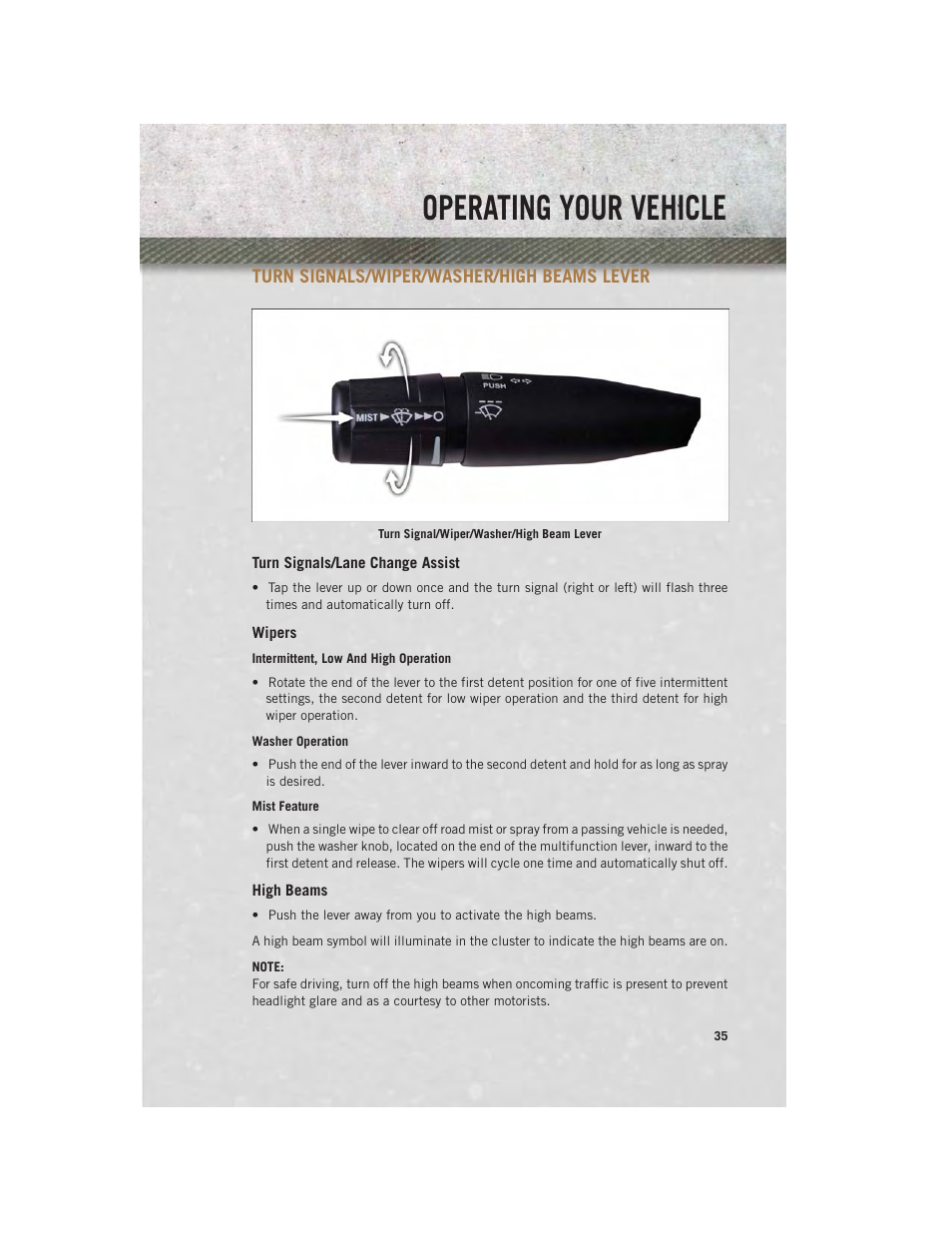 Turn signals/wiper/washer/high beams lever, Turn signals/lane change assist, Wipers | High beams, Turn signals/wiper/washer/high, Beams lever, Operating your vehicle | Ram Trucks 2014 3500 - User Guide User Manual | Page 37 / 260