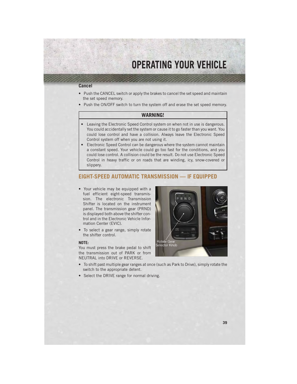 Cancel, Eight-speed automatic transmission — if equipped, Eight-speed automatic transmission | If equipped, Operating your vehicle | Ram Trucks 2014 3500 - User Guide User Manual | Page 41 / 260