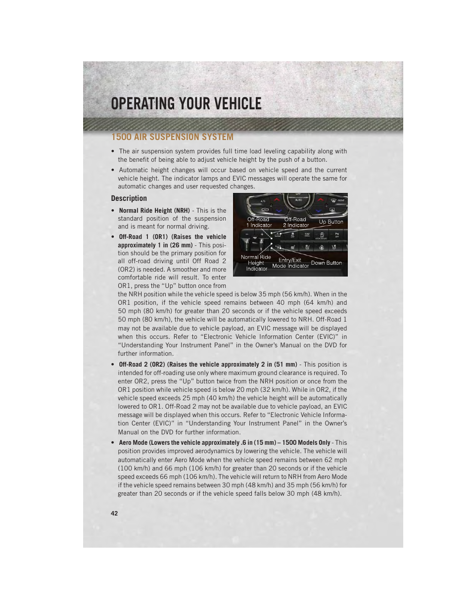 1500 air suspension system, Description, Operating your vehicle | Ram Trucks 2014 3500 - User Guide User Manual | Page 44 / 260