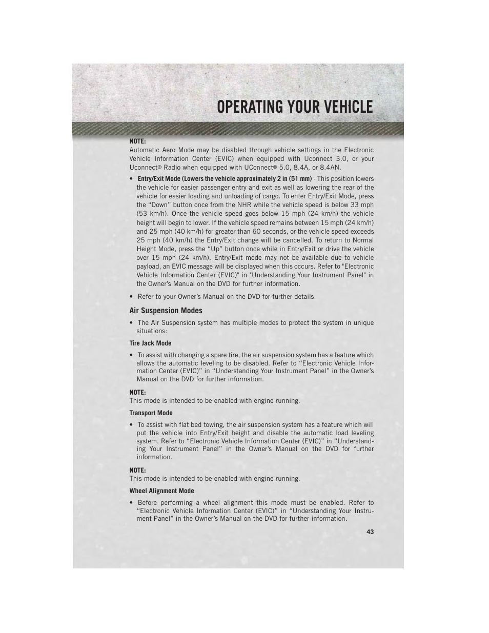 Air suspension modes, Operating your vehicle | Ram Trucks 2014 3500 - User Guide User Manual | Page 45 / 260
