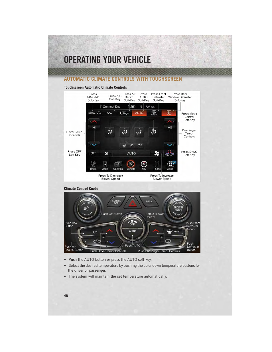 Automatic climate controls with touchscreen, Automatic climate controls with, Touchscreen | Operating your vehicle | Ram Trucks 2014 3500 - User Guide User Manual | Page 50 / 260