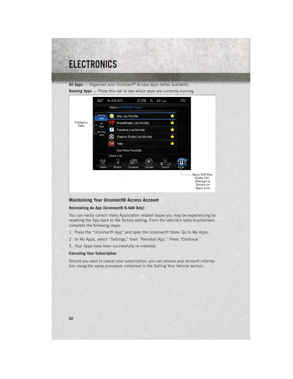 Maintaining your uconnect® access account, Electronics | Ram Trucks 2014 3500 - User Guide User Manual | Page 64 / 260