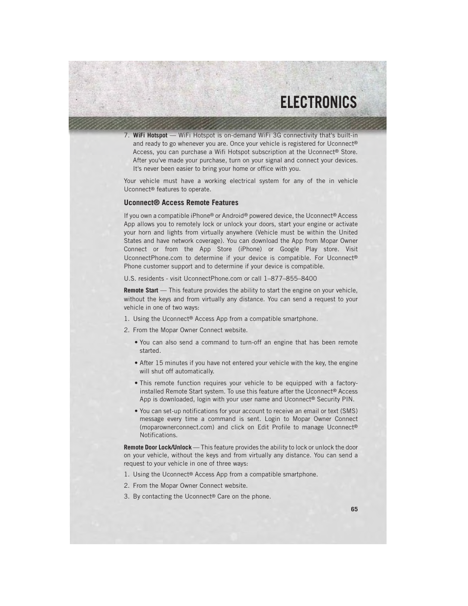 Uconnect® access remote features, Electronics | Ram Trucks 2014 3500 - User Guide User Manual | Page 67 / 260