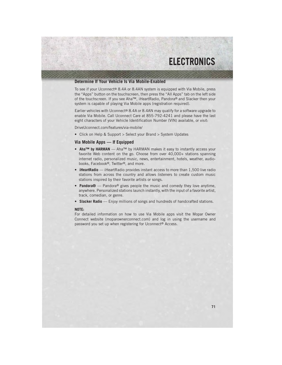Determine if your vehicle is via mobile-enabled, Via mobile apps — if equipped, Electronics | Ram Trucks 2014 3500 - User Guide User Manual | Page 73 / 260