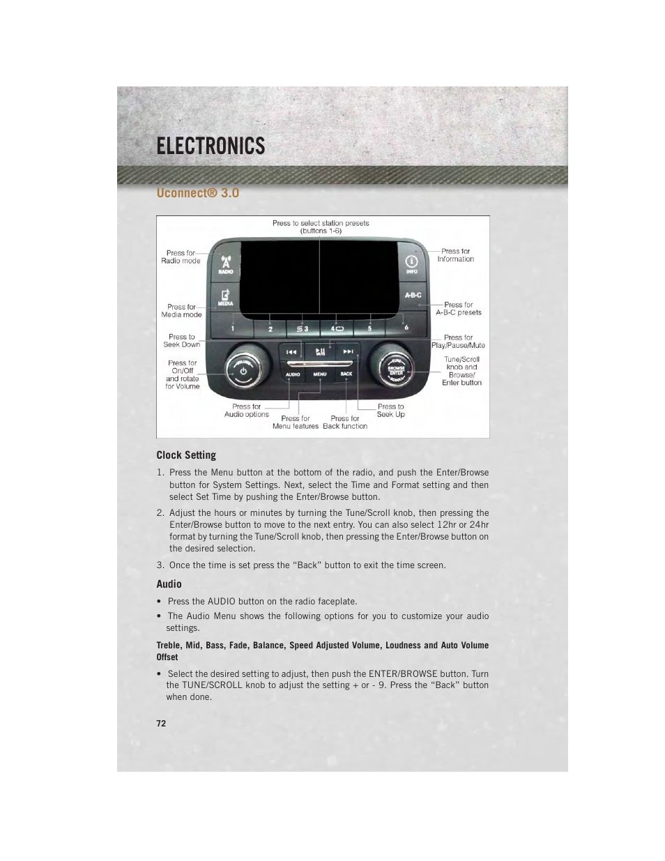 Uconnect® 3.0, Clock setting, Audio | Uconnect, Electronics | Ram Trucks 2014 3500 - User Guide User Manual | Page 74 / 260