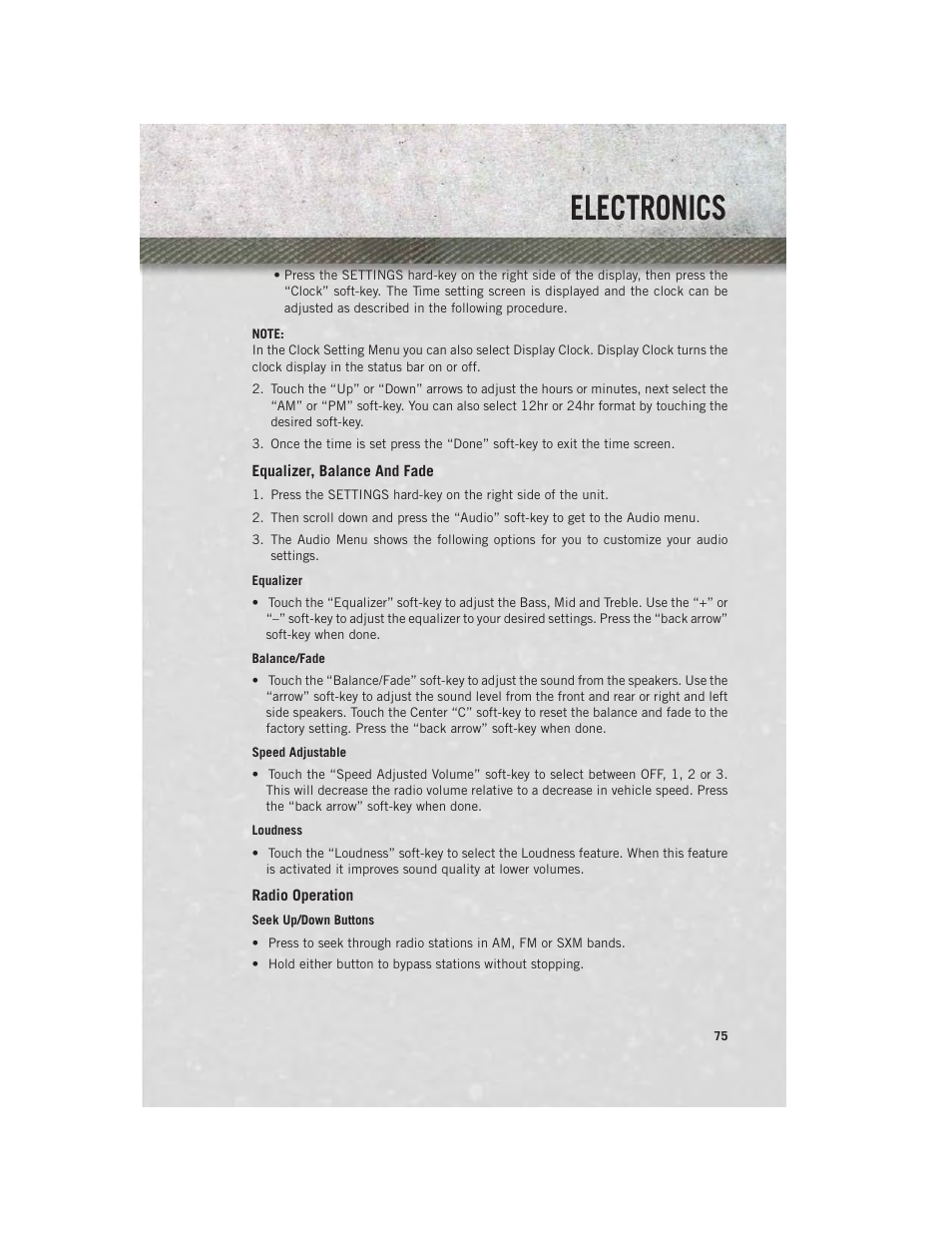 Equalizer, balance and fade, Radio operation, Electronics | Ram Trucks 2014 3500 - User Guide User Manual | Page 77 / 260