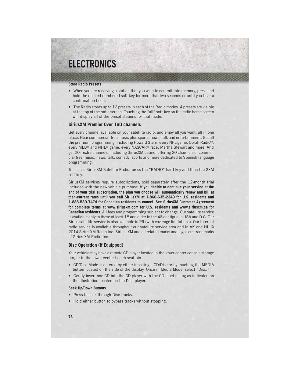 Siriusxm premier over 160 channels, Disc operation (if equipped), Electronics | Ram Trucks 2014 3500 - User Guide User Manual | Page 78 / 260
