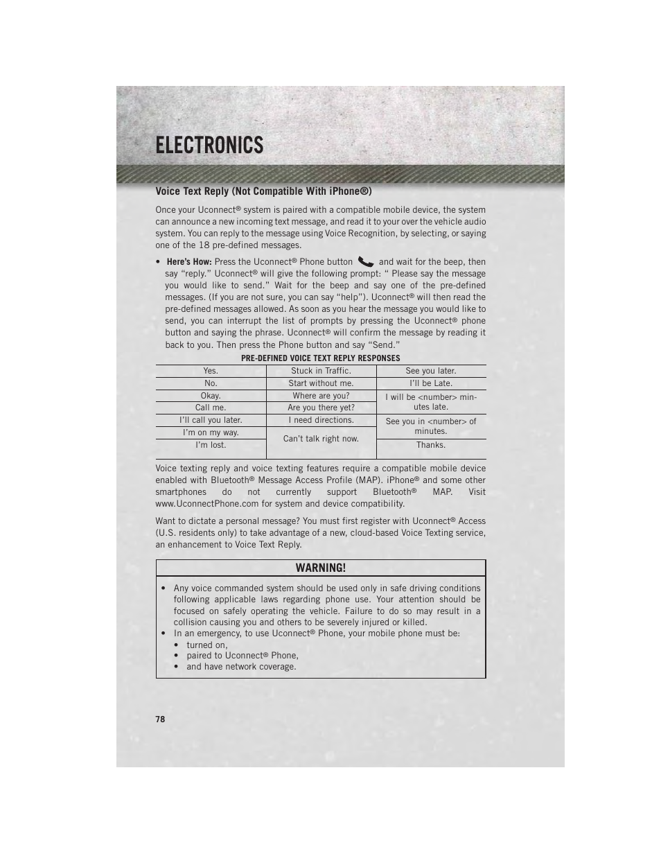 Voice text reply (not compatible with iphone®), Electronics, Warning | Ram Trucks 2014 3500 - User Guide User Manual | Page 80 / 260
