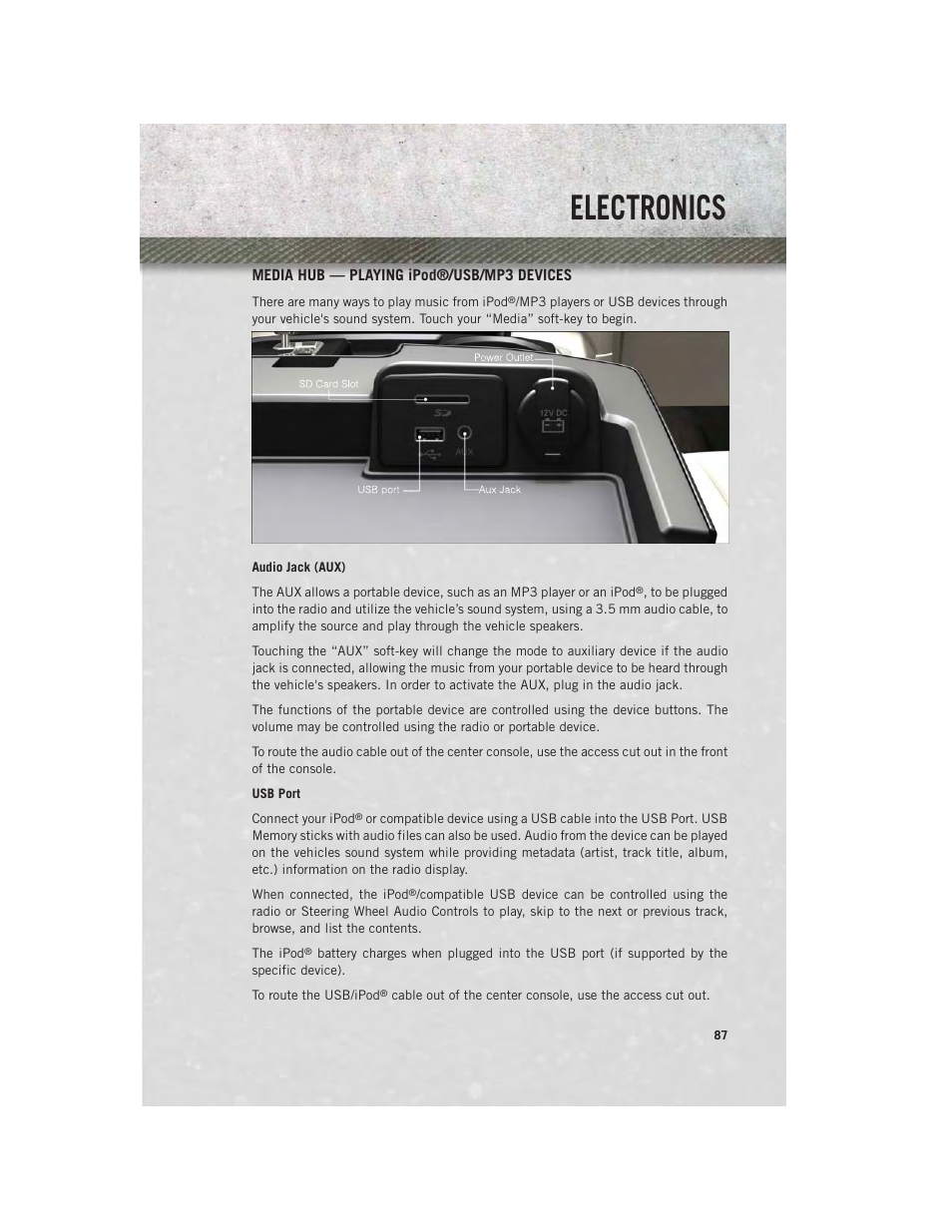 Media hub — playing ipod®/usb/mp3 devices, Electronics | Ram Trucks 2014 3500 - User Guide User Manual | Page 89 / 260