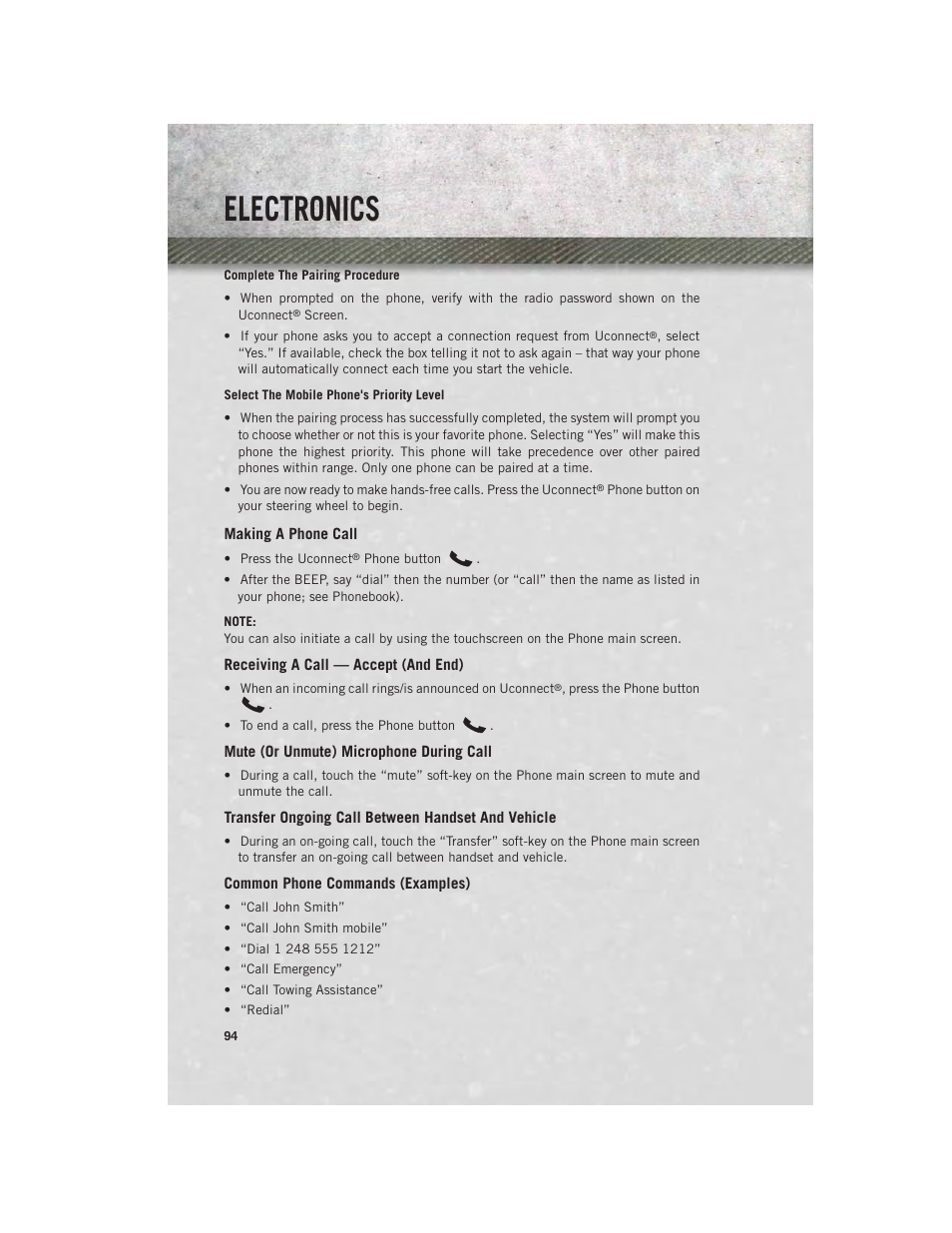 Making a phone call, Receiving a call — accept (and end), Mute (or unmute) microphone during call | Transfer ongoing call between handset and vehicle, Common phone commands (examples), Electronics | Ram Trucks 2014 3500 - User Guide User Manual | Page 96 / 260