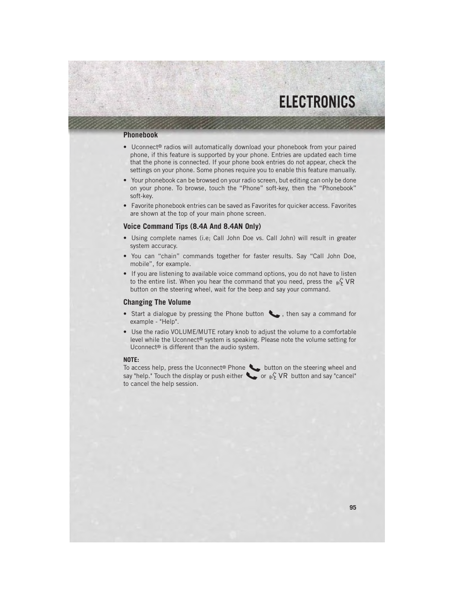 Phonebook, Voice command tips (8.4a and 8.4an only), Changing the volume | Electronics | Ram Trucks 2014 3500 - User Guide User Manual | Page 97 / 260