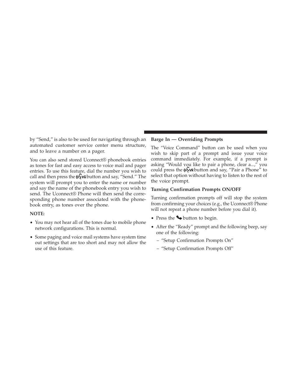 Barge in — overriding prompts, Turning confirmation prompts on/off | Ram Trucks 2014 Cargo Van Commercial - Owner Manual User Manual | Page 148 / 668