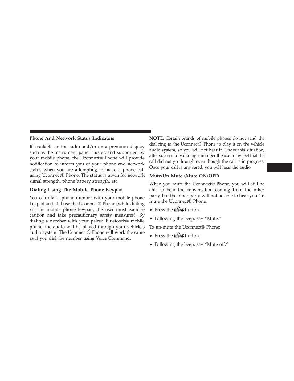 Phone and network status indicators, Dialing using the mobile phone keypad, Mute/un-mute (mute on/off) | Ram Trucks 2014 Cargo Van Commercial - Owner Manual User Manual | Page 149 / 668