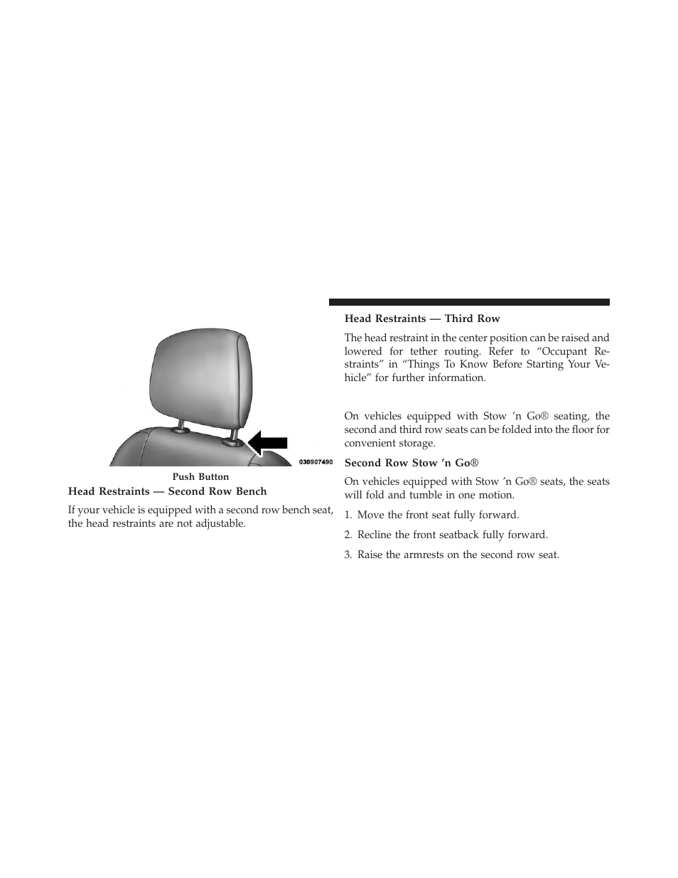 Head restraints — second row bench, Head restraints — third row, Stow 'n go® seating — if equipped | Second row stow 'n go, Stow ’n go® seating — if equipped | Ram Trucks 2014 Cargo Van Commercial - Owner Manual User Manual | Page 182 / 668