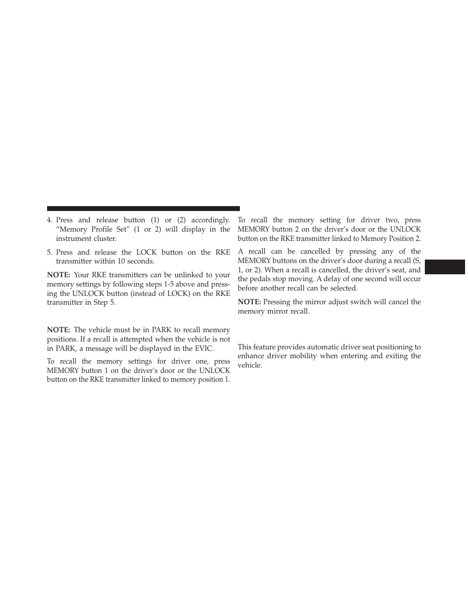 Memory position recall, Easy entry/exit seat (available with memory, Seat only) | Ram Trucks 2014 Cargo Van Commercial - Owner Manual User Manual | Page 203 / 668