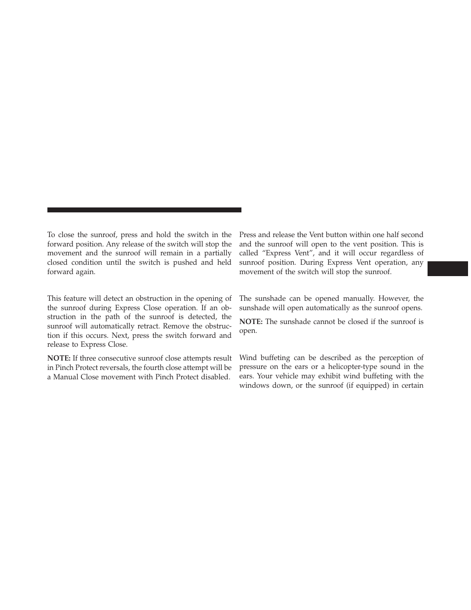 Closing sunroof — manual mode, Pinch protect feature, Venting sunroof — express | Sunshade operation, Wind buffeting | Ram Trucks 2014 Cargo Van Commercial - Owner Manual User Manual | Page 253 / 668