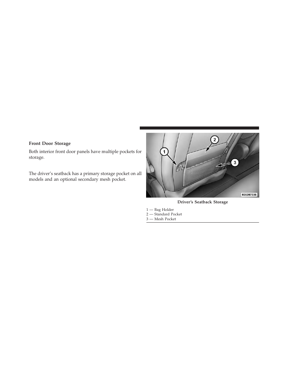 Door trim panel storage, Front door storage, Driver seatback storage — if equipped | Ram Trucks 2014 Cargo Van Commercial - Owner Manual User Manual | Page 266 / 668