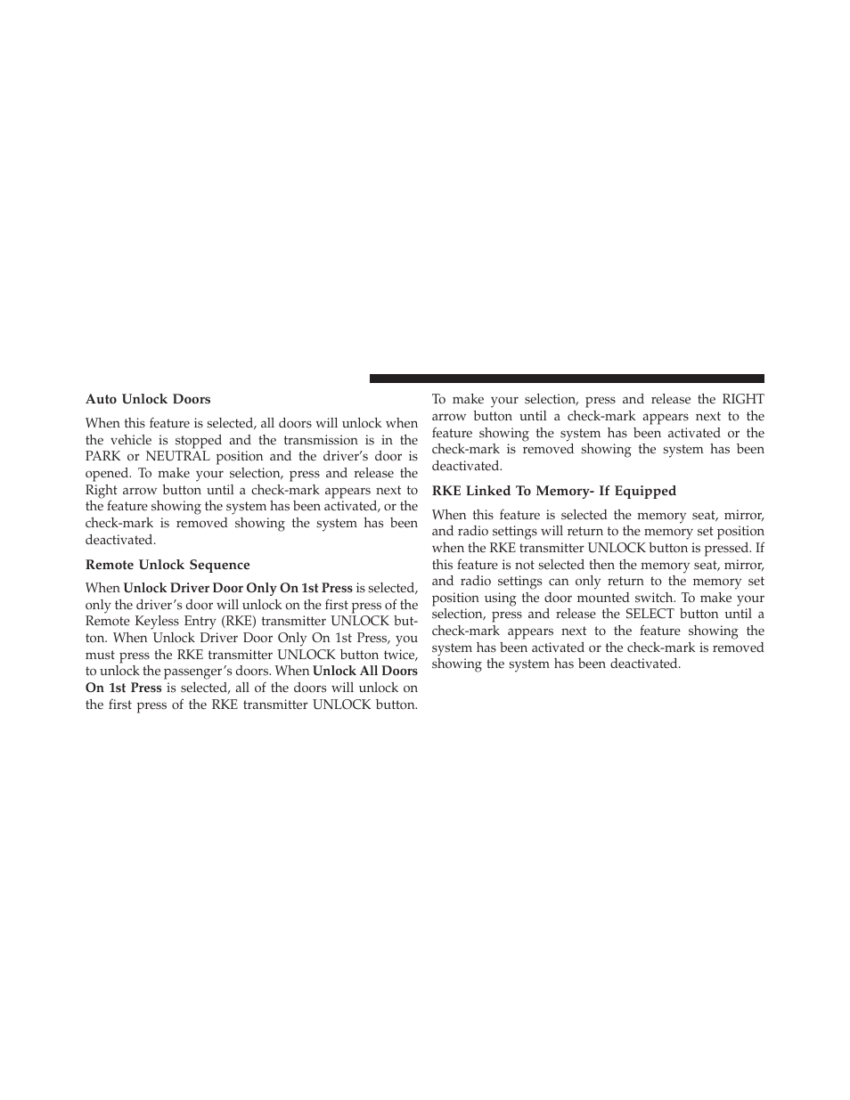 Auto unlock doors, Remote unlock sequence, Rke linked to memory- if equipped | Ram Trucks 2014 Cargo Van Commercial - Owner Manual User Manual | Page 330 / 668