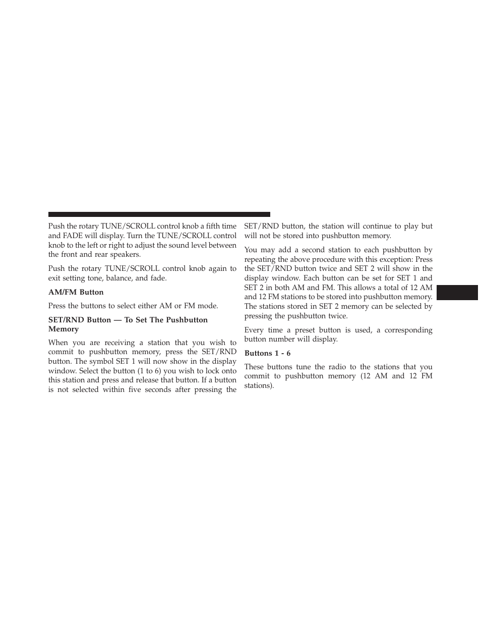 Am/fm button, Set/rnd button — to set the pushbutton memory, Buttons 1 - 6 | Ram Trucks 2014 Cargo Van Commercial - Owner Manual User Manual | Page 339 / 668