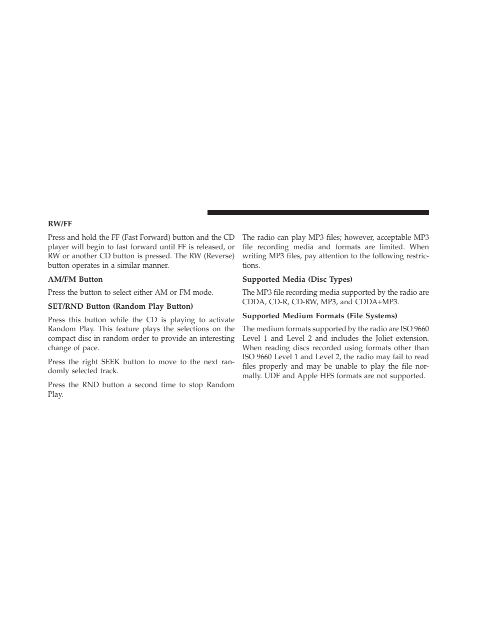 Rw/ff, Am/fm button, Set/rnd button (random play button) | Notes on playing mp3 files, Supported media (disc types), Supported medium formats (file systems) | Ram Trucks 2014 Cargo Van Commercial - Owner Manual User Manual | Page 342 / 668