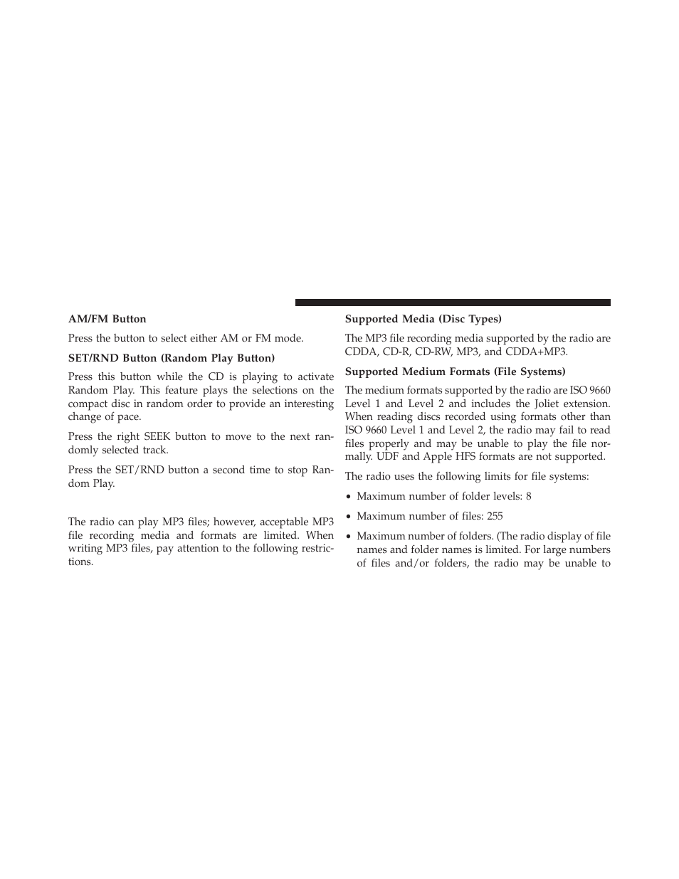 Am/fm button, Set/rnd button (random play button), Notes on playing mp3 files | Supported media (disc types), Supported medium formats (file systems) | Ram Trucks 2014 Cargo Van Commercial - Owner Manual User Manual | Page 354 / 668