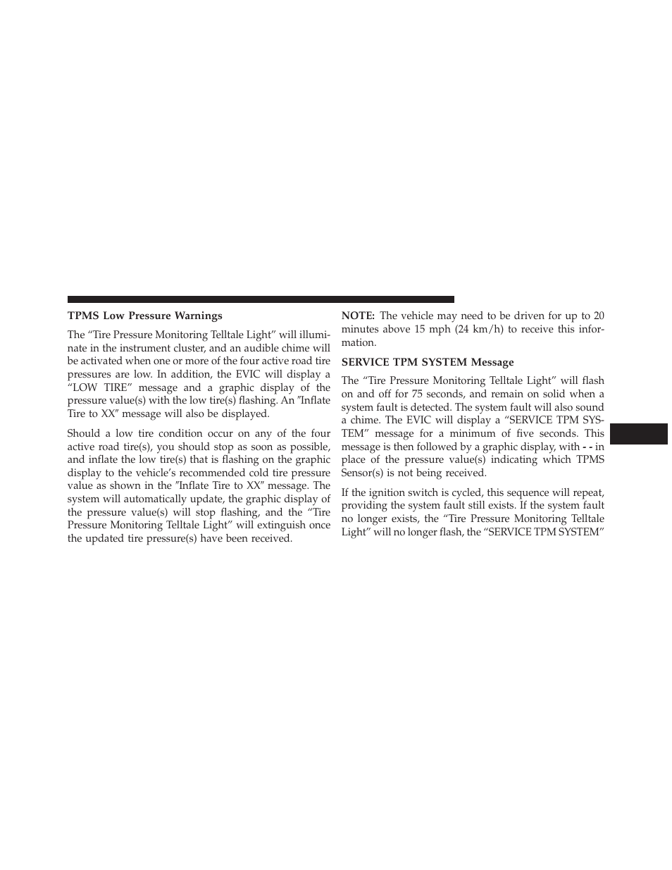 Tpms low pressure warnings, Service tpm system message | Ram Trucks 2014 Cargo Van Commercial - Owner Manual User Manual | Page 511 / 668