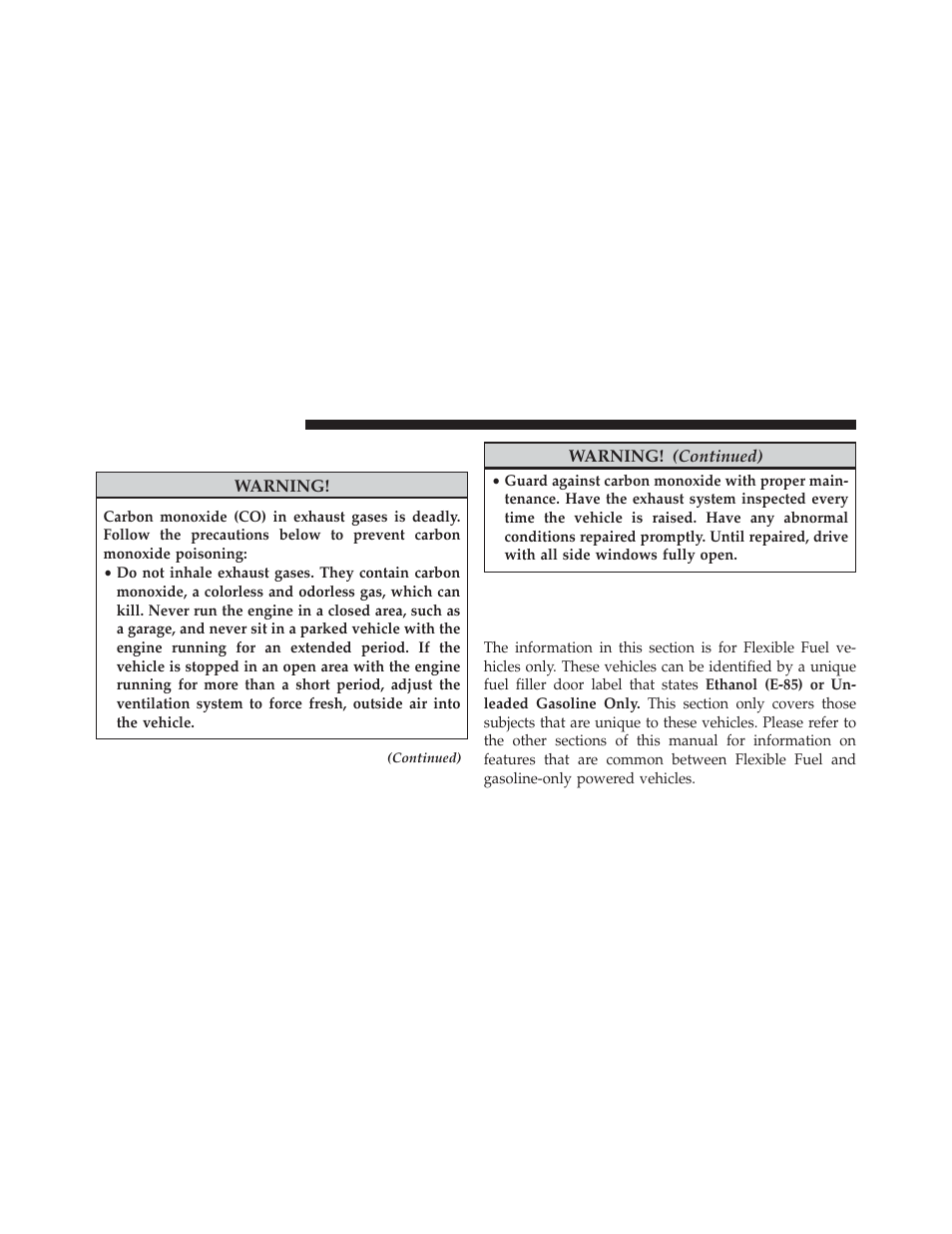 Carbon monoxide warnings, Flexible fuel — if equipped, E-85 general information | Ram Trucks 2014 Cargo Van Commercial - Owner Manual User Manual | Page 518 / 668